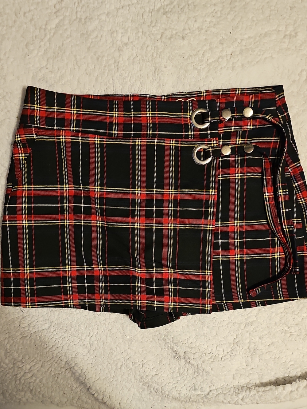 Red and Black Plaid Mini Skort with Buckle Details